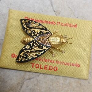 Vintage Toledo Damascene Bee Butterfly Moth Brooch 24k gold plate black Enamel